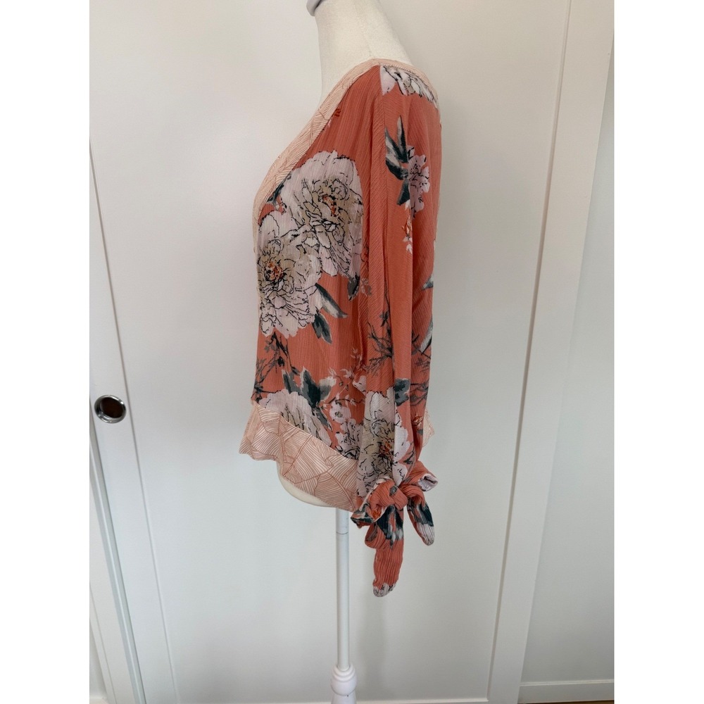 RAIN Boho Floral Peasant Blouse Tie Sleeve Top Pink Romantic Cottagecore L/XL - Picture 4 of 8